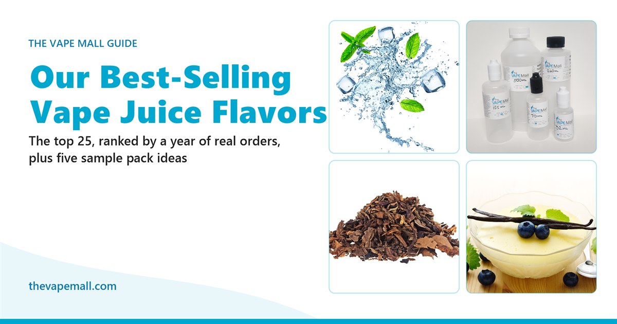 Mint and ice, tobacco leaves, vanilla custard and The Vape Mall e-liquid bottles