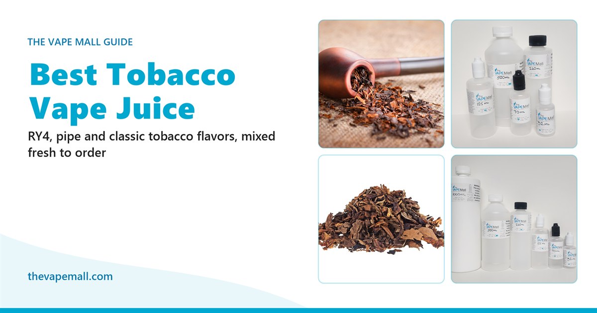 A pipe with loose tobacco, a pile of tobacco leaves and The Vape Mall e-liquid bottles